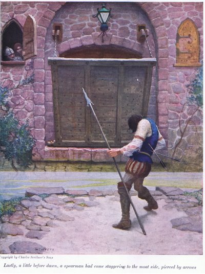 Wreszcie tuż przed świtem włócznik przeszył strzałami, chwiejąc się od strony fosy, 1916 autorstwa Newell Convers Wyeth