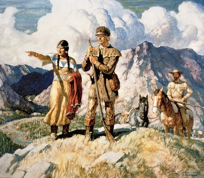 Sacagawea z Lewisem i Clarkiem podczas wyprawy 1804-06 (kolor lito) autorstwa Newell Convers Wyeth