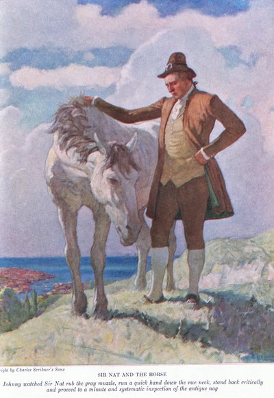 Sir Nat i koń: Johnny patrzył, jak Sir Nat pociera szary pysk; cofnij się i przejdź do drobiazgowej i systematycznej kontroli, 1928 autorstwa Newell Convers Wyeth