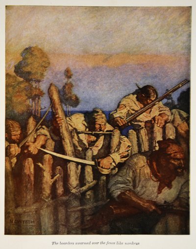 Pensjonariusze roili się przez płot jak małpy, ilustracja z pubu „Wyspa skarbów” Roberta Louisa Stevensona. przez Synów Charlesa Scribnera, 1911 autorstwa Newell Convers Wyeth