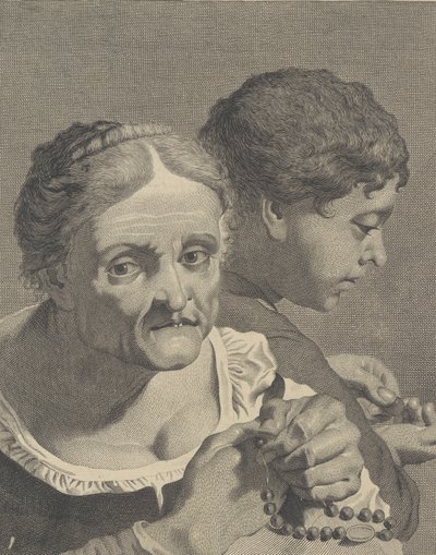 Kopia na rewersie starej kobiety z różańcem i chłopcem liczącym monety, tabliczka 10 fr..., ca. 1750-90. autorstwa Niccolò Cavalli