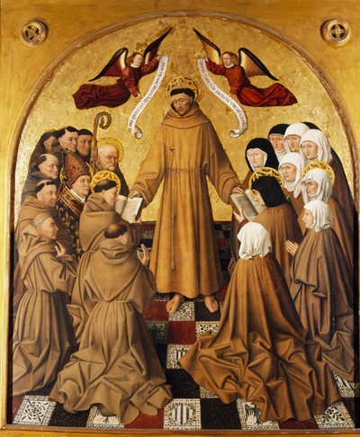 Tablica ołtarzowa, św. Franciszek przekazuje Regułę swoim wyznawcom (braciom mniejszym i klaryskom) autorstwa Niccolo Antonio Colantonio