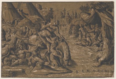 Cloelia rzymska bohaterka w centrum wsiadana na konia, Rzym w tle,..., 1540-50 autorstwa Niccolo Vicentino