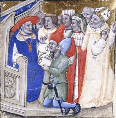 Kardynał zasiadający w sądzie nad biskupem, oskarżonym przez dwóch świeckich, ok. 1380 (farba i złoty płatek na welinie) autorstwa Niccolo di Giacomo
