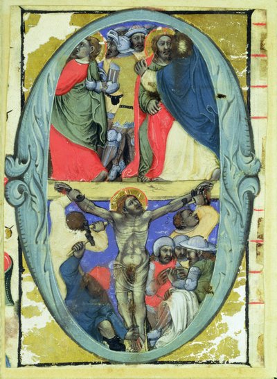 Historiograficzny inicjał "O" przedstawiający pocałunek Judasza i ukrzyżowanie, ok. 1370 r. autorstwa Niccolo di Giacomo
