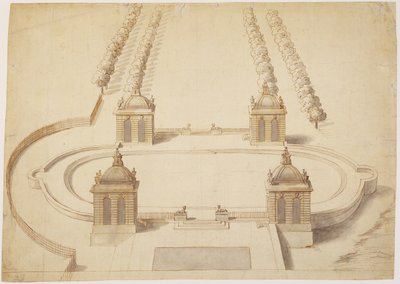 Projekt dla Bowling Green, Hampton Court, c.1689-91 (długopis i brązowy tusz, wash i grafit na papierze) autorstwa Nicholas Hawksmoor
