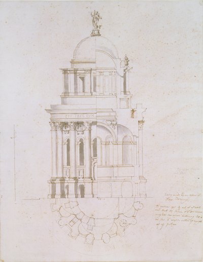 Elewacja, przekrój i plan niezrealizowanego baptysterium dla katedry św. Pawła, ok. 1711-12 (pranie piórem i tuszem na papierze) autorstwa Nicholas Hawksmoor