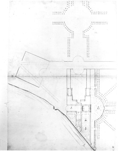 Plan sytuacyjny schematu I, Hampton Court, 1689 (pióro, tusz i ołówek na papierze) autorstwa Nicholas Hawksmoor