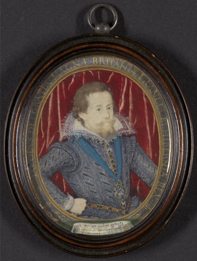 Jakub I z Anglii i VI ze Szkocji, ok. 1610 (w/c, gwasz i złoto, pióro i czarny tusz na welinie) autorstwa Nicholas Hilliard