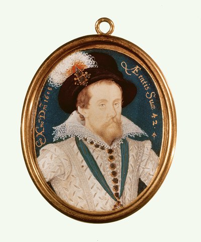 Król Jakub I (akwarela na welinie) autorstwa Nicholas Hilliard