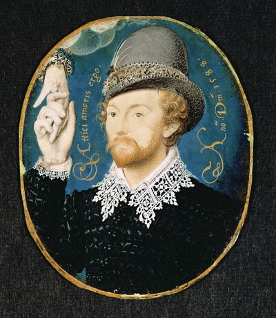 Mężczyzna trzymający się za rękę z chmury, prawdopodobnie William Shakespeare, 1588 autorstwa Nicholas Hilliard