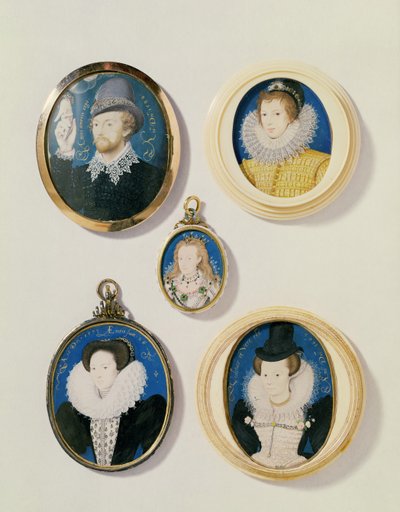 Miniatury, od L do R, T do B: Człowiek z ręką z chmury; Nieznany młody człowiek, 1588; pani Holland lat 26, 1593; Arabella Stuart, księżna Lennox; Nieznana Pani autorstwa Nicholas Hilliard