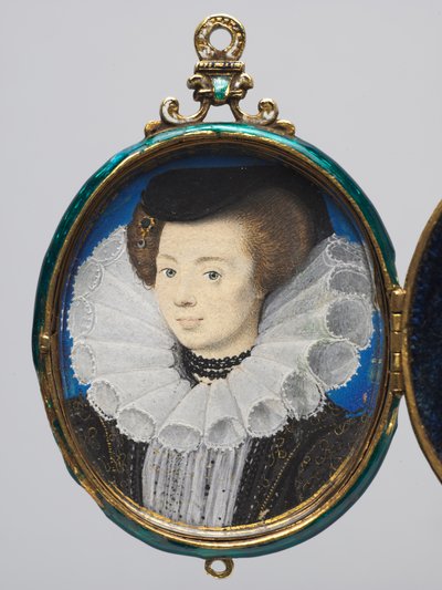Portret kobiety, ok. 1593 (akwarela na welinie w oprawie z medalionu ze złota i emalii) autorstwa Nicholas Hilliard