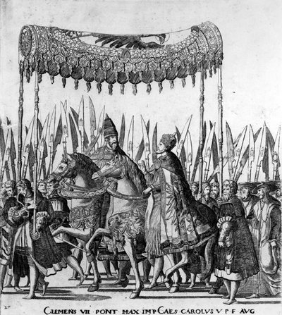 Wjazd papieża Klemensa VII i cesarza Karola V do Bolonii 24 lutego 1530 r., płyta 27, ok. 1530 r. (detal z 472273) autorstwa Nicholas Hogenberg