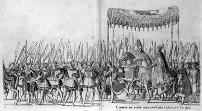 Wjazd papieża Klemensa VII i cesarza Karola V do Bolonii w dniu 24 lutego 1530, tablica 27, ok. 1530 autorstwa Nicholas Hogenberg