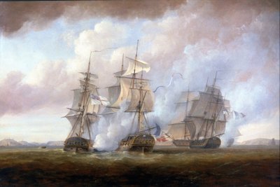 Zdobycie francuskich fregat "Resistance" i "Constance" przez HMS "San Fiorenzo" i "Nymphe" w dniu 9 marca. autorstwa Nicholas Pocock