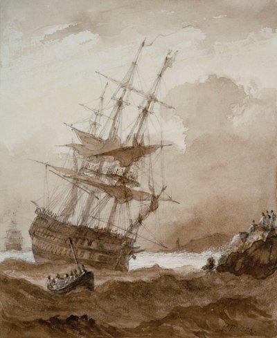 Dwupokładowiec w wichurze przy brzegu, koniec XVIII - początek XIX wieku (brązowe płótno) autorstwa Nicholas Pocock