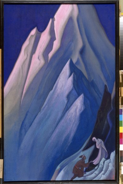 Ona, która prowadzi. W Himalajach klęczący mężczyzna dotyka spodu kobiecej szaty, buddyjska duchowość. Praca Mikołaja Roericha (1874-1947), tempera na płótnie autorstwa Nicholas Roerich