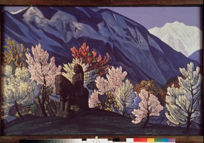Guga Czohan. Dolina Kulu (Indie). (Posąg konny wśród kwitnących drzew Himalajów). Obraz Nicolasa (Mikołaja) Roericha (1874-1947), tempera na płótnie autorstwa Nicholas Roerich