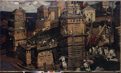 Budowanie miasta. (Budowa miasta). (dla społeczności wiejskiej na Ukrainie). Obraz Mikołaja Roericha (1874-1947), olej na płótnie autorstwa Nicholas Roerich
