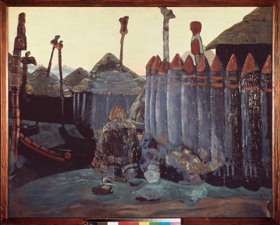 Kopiec pogański. (Średniowiecze, Ukraina). Praca Nicolasa (Mikołaja) Roericha (1874-1947), tempera na tekturze autorstwa Nicholas Roerich