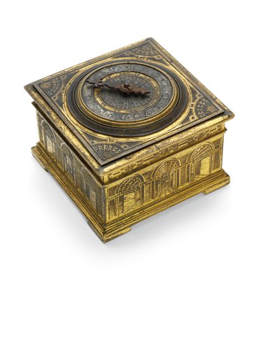 Elżbieta I grawerowany efektowny poziomy zegar stołowy, ok. 1590-1600 autorstwa Nicholas Vallin