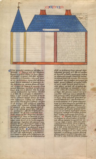 Elewacja Świątyni Salomona, jedna z sześciu ilustrowanych kart z Postilli..., ca. 1360-1380. autorstwa Nicholas of Lyra