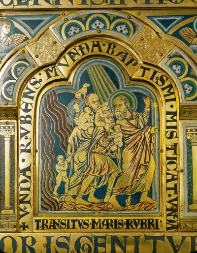 Mojżesz przeprowadza dzieci Izraela przez Morze Czerwone (technika champsleve, emalia na złoconej miedzi) autorstwa Nicholas of Verdun