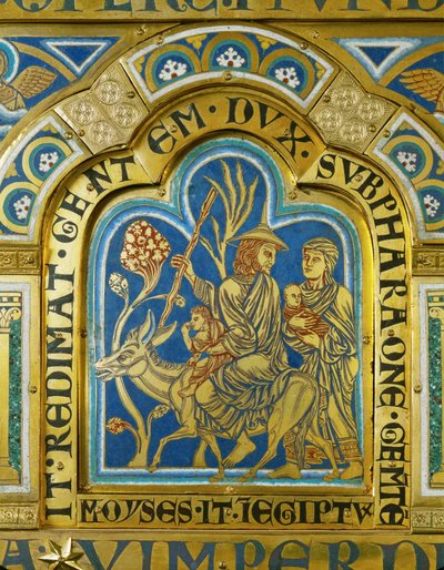 Mojżesz powraca do Egiptu z żoną Zipporą i dwoma synami ... (emalia na złoconej miedzi) autorstwa Nicholas of Verdun