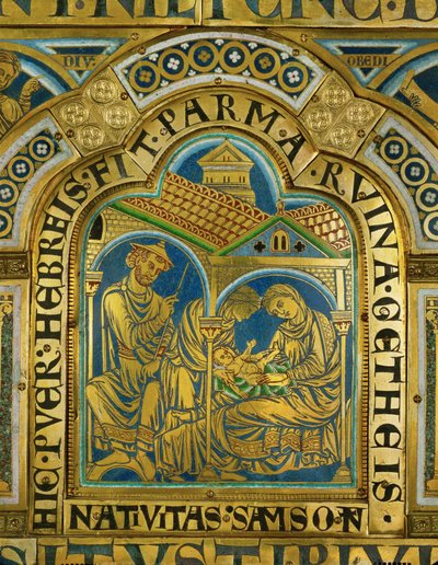 Narodziny Samsona, Manoah w średniowiecznym żydowskim kapeluszu... (emalia na złoconej miedzi) autorstwa Nicholas of Verdun