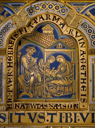 Ołtarz Verdun wykonany ze złota i emalii przez Nicolasa de Verdun (ok. 1130/50-1205): sceny ze Starego i Nowego Testamentu: szczegół przedstawiający narodziny Samsona. XII wiek Klosterneuburg Wiedeń, Austria - Ołtarz Verdun, emalia na złoconej miedzi, auto autorstwa Nicholas of Verdun