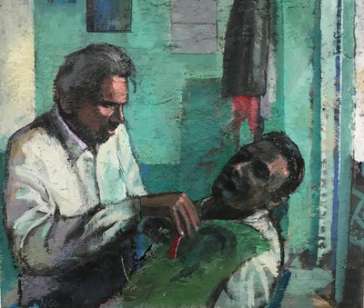 Barbershop, 2017-23 (olej na płycie) autorstwa Nick Williams