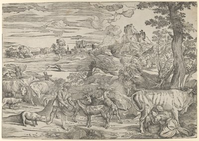 Pejzaż z dojarką po prawej i chłopcem po lewej, ca. 1535-40., ca. 1535-40. autorstwa Nicolò Boldrini