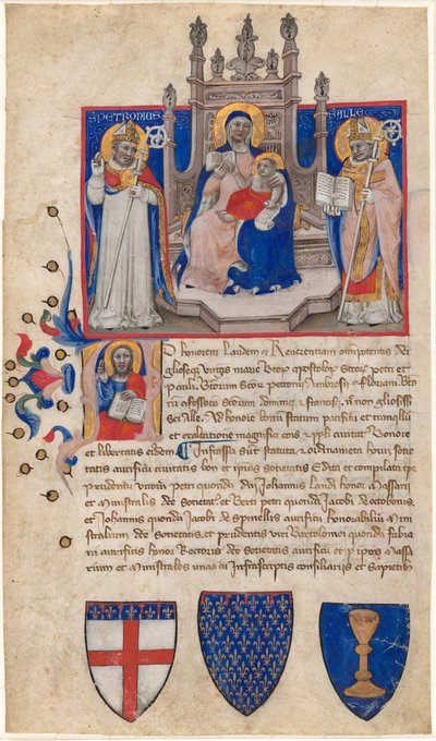 Madonna z Dzieciątkiem na tronie między świętymi Petroniuszem i Alle (Eligiusem); Chrystus w inicjale A autorstwa Nicolò da Bologna