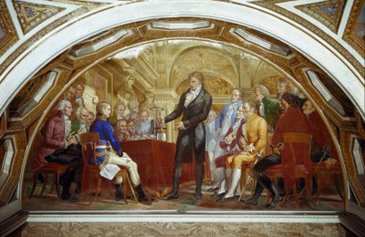 Alessandro (Alexandre) Volta (1745-1827) przedstawił w 1801 r. konsulowi Napoleona Bonaparte (1769-1821) w Institut national de France wyniki swoich eksperymentów, które umożliwiły mu wynalezienie akumulatora elektrycznego Derriere Napoleon przez francuski autorstwa Nicola Cianfanelli