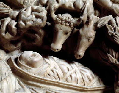 Sztuka i architektura gotycka: szopka - Detal płaskorzeźb marmurowego biurka, które Nicola Pisano (1215/20-1278/84) wykonał w latach 1266-1268 (detale marmurowej ambony, szopka) Cathedrale Notre-Dame-de-l „Wniebowzięcie (Santa Maria di Assunta) lub Dom autorstwa Nicola Pisano