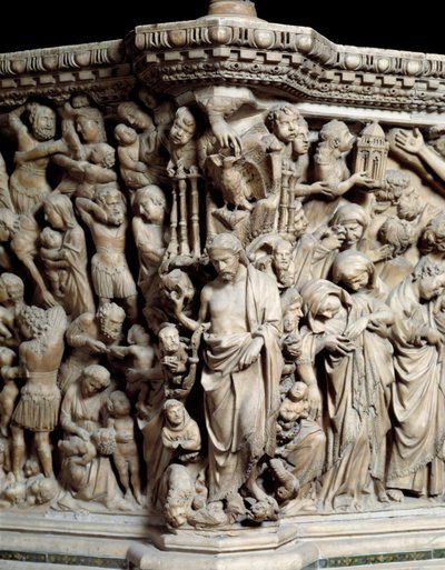 Sztuka gotycka: Jezus miażdży występki, fragment płaskorzeźby Ambony autorstwa Nicola Pisano
