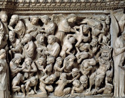 Sztuka gotycka: Sąd Ostateczny, Przeklęci w piekle, fragment płaskorzeźby Ambony autorstwa Nicola Pisano