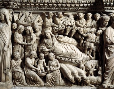 Sztuka i architektura gotycka: Nawiedzenie i szopka - Szczegół płaskorzeźb marmurowego biurka, które Nicola Pisano (1215/20-1278/84) wykonał w latach 1266-1268 (detale marmurowej ambony, nawiedzenie i szopka) Cathedrale Notre-Dame- de-l