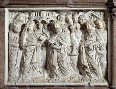 Ofiarowanie Jezusa do świątyni (Prezentacja Jezusa do świątyni) Krzesło zrealizowane przez Nicola Pisano (1215/20-1278/84) (marmurowa ambona) 1260 Baptistere Saint John of Pisa (Battistero san Giovanni di Pisa), Włochy autorstwa Nicola Pisano
