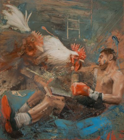 Bokser z kogutami, 2018 (olej na płótnie) autorstwa Nicola Pucci
