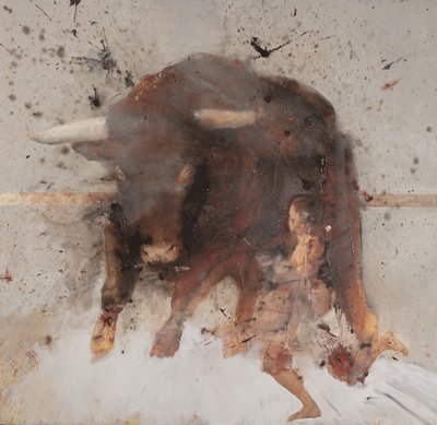 Byk z torreadorem, 2019 (olej i spalanie na drewnie) autorstwa Nicola Pucci