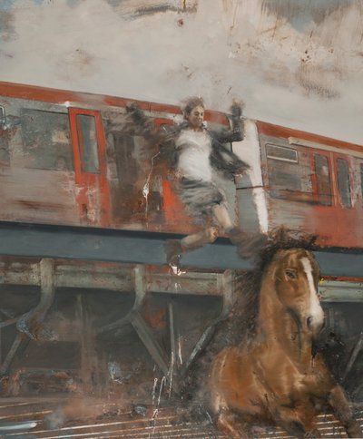 Skok z pociągu, 2017 (olej na płótnie) autorstwa Nicola Pucci