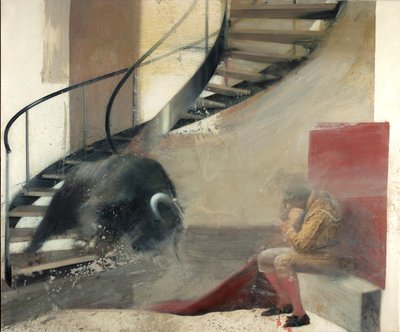 Byk na schodach z torreadorem I, 2013 (olej na płótnie) autorstwa Nicola Pucci