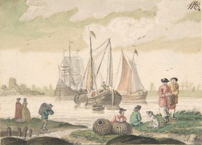 Pejzaż morski z siedmioma postaciami i psem, 1733-93. autorstwa Nicolaas Aartman