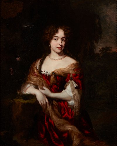 Portret damy w czerwonej sukience długości 3/4 (olej na płótnie) autorstwa Nicolaes (follower of) Maes