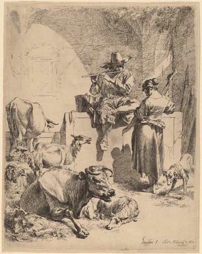 Pasterz siedzący na fontannie i prządce, 1652. autorstwa Nicolaes Berchem