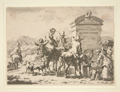 Bez tytułu - Scena rodzajowa z ludźmi na osłach i nagrobkiem autorstwa Nicolaes Berchem