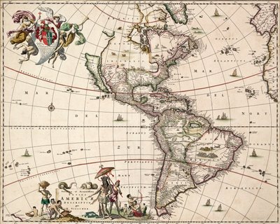 Mapa obu Ameryk, ok. 1671 r. (kolorowa rycina) autorstwa Nicolaes Jansz (1586 1652) Visscher