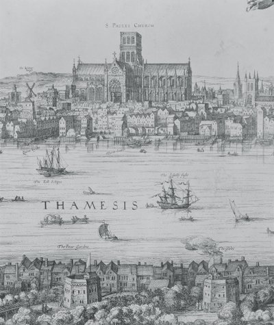 Panorama Londynu i Tamizy, fragment drugiej części przedstawiający katedrę św. Pawła i teatr Globe, ok. 1600 detal grawerowania 7214 autorstwa Nicolaes Jansz Visscher